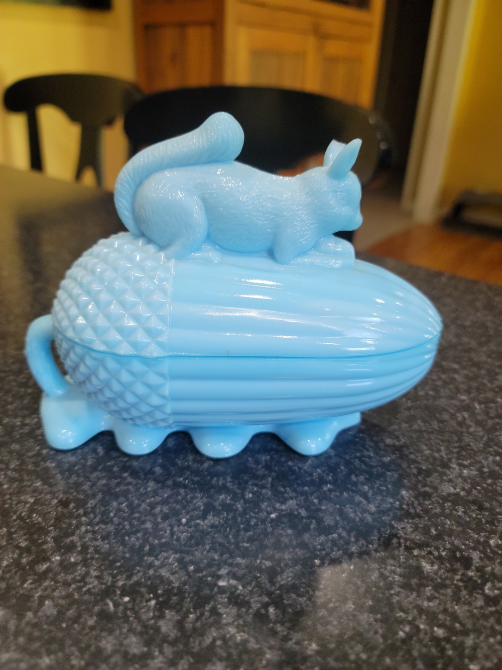Vintage Portieux Vallerysthal Blue Milk Glass Squirrel Acorn Covered Dish France